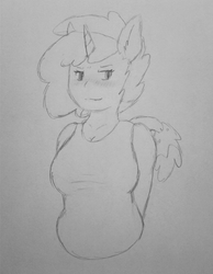 Size: 1932x2486 | Tagged: safe, artist:dragonponyling, derpibooru exclusive, oc, oc only, oc:lena, dracony, human, hybrid, blushing, chubby, clothes, eared humanization, horn, horned humanization, humanized, monochrome, solo, tailed humanization, tank top, traditional art