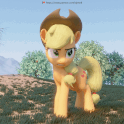 Size: 512x512 | Tagged: safe, artist:therealdjthed, applejack, earth pony, pony, g4, 3d, 3d model, angry, animated, applejack is not amused, aside glance, blender, blender cycles, cowboy hat, cycles render, dead tree, ears back, faic, female, frown, glare, hat, looking back, mare, meme, model:djthed, patreon, patreon logo, pointing, raised eyebrow, raised hoof, sad, solo, tree, unamused, unhapplejack, wide eyes, you seeing this shit