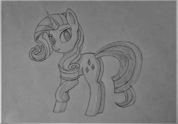 Size: 1033x720 | Tagged: safe, artist:welive, rarity, pony, g4, female, monochrome, pencil drawing, solo, traditional art