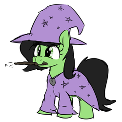 Size: 1500x1500 | Tagged: safe, artist:skitter, oc, oc only, oc:filly anon, earth pony, pony, cape, clothes, female, filly, hat, magic wand, magician outfit, mouth hold, robe, simple background, smiling, stars, white background, wizard hat