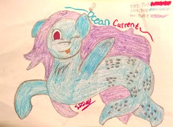 Size: 2816x2072 | Tagged: safe, artist:superdavid2011, oc, oc only, oc:ocean current, sea pony, blue skin, chest fluff, high res, magenta eyes, one eye closed, purple hair, signature, smiling, solo, tongue out, traditional art, waving, wink