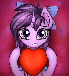 Size: 2000x2200 | Tagged: safe, artist:adagiostring, oc, oc only, oc:amethyst heartstone, pony, unicorn, bow, bust, cute, gift art, heart, high res, love, portrait, solo