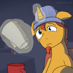 Size: 3341x3332 | Tagged: safe, artist:triplesevens, sunburst, pony, g4, beanie, bedroom, coffee, college, hat, high res, male, solo, younger