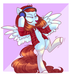 Size: 1101x1118 | Tagged: safe, artist:lazycloud, oc, oc only, oc:cloud fly, pegasus, pony, bipedal, clothes, female, headphones, mare, shirt, socks, solo