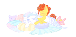 Size: 1024x500 | Tagged: safe, artist:daringpineapple, oc, oc only, oc:phoenix feather, oc:winter lullaby, pegasus, pony, female, mare, pillow, prone, simple background, transparent background