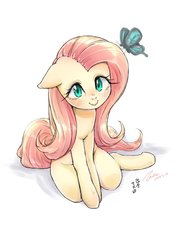 Size: 721x1024 | Tagged: safe, artist:bbtasu, artist:yanamosuda, fluttershy, butterfly, pegasus, pony, collaboration, cute, female, floppy ears, looking at you, looking up, mare, shyabetes, simple background, sitting, solo, white background