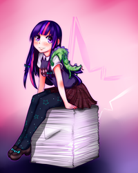 Size: 1201x1500 | Tagged: safe, artist:cronavongorgon, twilight sparkle, human, g4, blushing, clothes, cute, female, humanized, moe, pantyhose, paper, plaid skirt, pleated skirt, shirt, shoes, skirt, solo