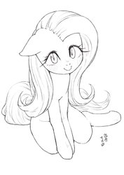 Size: 1447x2048 | Tagged: safe, artist:yanamosuda, fluttershy, pegasus, pony, g4, blushing, female, floppy ears, grayscale, lineart, looking at you, looking up, looking up at you, mare, monochrome, simple background, sitting, smiling, solo, white background
