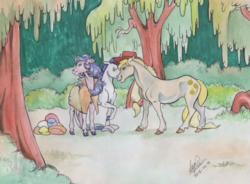 Size: 1024x754 | Tagged: safe, artist:sagastuff94, applejack, rarity, starlight glimmer, pony, unicorn, g4, the mean 6, camping outfit, forest, messy mane, parka, traditional art, watercolor painting
