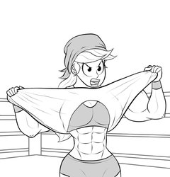 Size: 854x890 | Tagged: safe, artist:matchstickman, applejack, human, g4, abs, applejacked, bandana, biceps, breasts, busty applejack, clothes, female, hulk hogan, humanized, looking at you, monochrome, muscles, shirt pull, shorts, simple background, solo, sports, tearing, torn clothes, white background, wrestling, wrestling ring