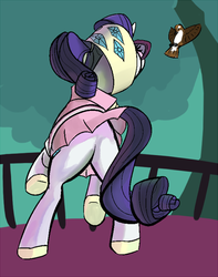 Size: 472x600 | Tagged: artist needed, safe, rarity, bird, pony, sparrow, unicorn, g4, butt, camping outfit, clothes, female, glasses, plot