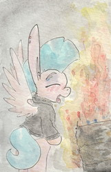 Size: 688x1066 | Tagged: safe, artist:slightlyshade, oc, oc only, oc:bullet pretty, pony, bipedal, clothes, dumpster, dumpster fire, fire, jacket, leather jacket, panties, solo, traditional art, underwear, warm, white underwear