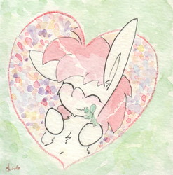 Size: 688x695 | Tagged: safe, artist:slightlyshade, roseluck, pony, g4, belly button, blushing, female, flower, heart, on back, solo, traditional art