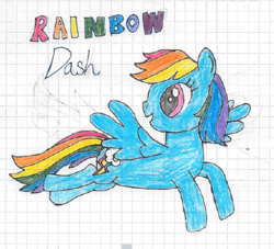 Size: 541x491 | Tagged: safe, artist:nightshadowmlp, rainbow dash, pony, g4, female, graph paper, happy, smiling, solo, text, traditional art