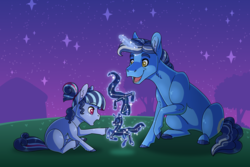 Size: 3000x2000 | Tagged: safe, artist:jackiebloom, night light, oc, oc:twilight moonstone, pony, g4, constellation, female, filly, grandparent and grandchild moment, high res, magic, magical lesbian spawn, night, offspring, parent:rarity, parent:twilight sparkle, parents:rarilight