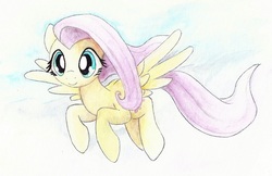 Size: 964x625 | Tagged: safe, artist:astevenamedwolf, fluttershy, pegasus, pony, g4, female, flying, mare, smiling, solo, spread wings, three quarter view, traditional art, watercolor painting, wings