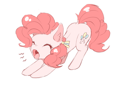 Size: 4092x2893 | Tagged: dead source, safe, artist:猫可可, pinkie pie, earth pony, pony, g4, :o, behaving like a cat, bow, cute, cute little fangs, diapinkes, dock, ear fluff, fangs, female, hair bow, iwtcird, mare, open mouth, pinkie cat, simple background, solo, stretching, white background, yawn
