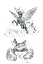 Size: 1100x1627 | Tagged: safe, artist:baron engel, apple bloom, princess luna, alicorn, pony, armor, bow, duo, female, flying, grayscale, grin, hair bow, looking at you, mare, monochrome, pencil drawing, sketch, smiling, story in the source, traditional art, warrior luna