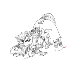 Size: 2000x2000 | Tagged: safe, artist:sourcherry, oc, oc only, oc:domino, pony, fallout equestria, fallout equestria: waking the dead, armor, bow, clothes, female, high res, lab coat, lineart, long mane, mare, monochrome, not trixie, solo, tail wrap, wip