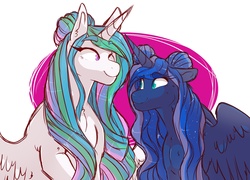 Size: 2500x1800 | Tagged: safe, artist:canisrettmajoris, princess celestia, princess luna, alicorn, pony, g4, alternate hairstyle, beanbrows, bun, cute, cutelestia, duo, eyebrows, female, looking at each other, lunabetes, mare, missing accessory, royal sisters, smiling