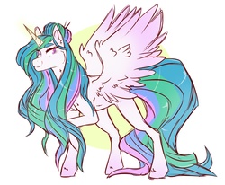 Size: 2000x1650 | Tagged: dead source, safe, artist:canisrettmajoris, princess celestia, alicorn, pony, g4, alternate hairstyle, beautiful, colored wings, colored wingtips, digital art, eyebrows, female, flowing mane, glowing horn, horn, looking sideways, mare, missing accessory, raised hoof, simple background, smiling, solo, white background