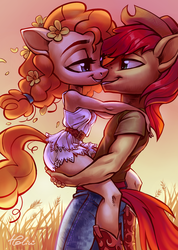 Size: 2066x2894 | Tagged: safe, artist:holivi, bright mac, pear butter, earth pony, anthro, g4, clothes, cowboy hat, female, hat, high res, looking at each other, male, pants, ship:brightbutter, shipping, shirt, smiling, stetson, straight