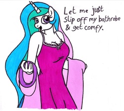 Size: 1227x1103 | Tagged: safe, artist:killerteddybear94, princess celestia, alicorn, anthro, g4, bathrobe, breasts, busty princess celestia, cleavage, clothes, cropped, dialogue, female, looking at you, mare, nightgown, open mouth, robe, smiling, solo, stripping, stupid sexy celestia, suggestive source, talking to viewer, traditional art