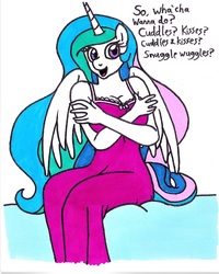 Size: 1080x1352 | Tagged: safe, artist:killerteddybear94, princess celestia, alicorn, anthro, breasts, bronybait, busty princess celestia, clothes, cropped, cuddling, cute, cutelestia, dialogue, female, hug request, looking at you, mare, nightgown, open mouth, simple background, solo, spread wings, stupid sexy celestia, suggestive source, talking to viewer, traditional art, white background, wings