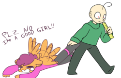 Size: 1000x649 | Tagged: safe, artist:synnibear03, scootaloo, oc, oc:ponytale scootaloo, anthro, comic:ponytale, g4, abuse, baldi, baldi's basics in education and learning, crying, dragging, imminent spanking, ruler, scootabuse, simple background, transparent background