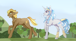 Size: 1024x549 | Tagged: safe, artist:anyatrix, oc, oc only, oc:opal, oc:whiplash, earth pony, pony, unicorn, blowing, female, leg warmers, magical gay spawn, mare, offspring, parent:braeburn, parent:rarity, parent:soarin', parent:thunderlane, parents:rarilane, parents:soarburn, puffy cheeks, sweat, whistle