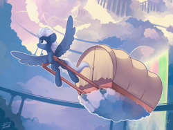Size: 2000x1500 | Tagged: safe, artist:freeedon, night glider, pegasus, pony, g4, cloudsdale, female, flying, happy, mare, rainbow waterfall, smiling, solo, spread wings, wagon, wings