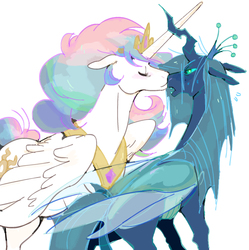 Size: 1948x1955 | Tagged: safe, artist:corantus, princess celestia, queen chrysalis, alicorn, changeling, changeling queen, pony, g4, boop, female, jewelry, lesbian, mare, noseboop, regalia, ship:chryslestia, shipping, simple background, white background