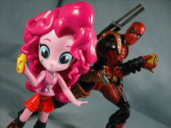 Size: 2304x1728 | Tagged: safe, artist:krisanderson97, pinkie pie, equestria girls, g4, clothes, cosplay, costume, crossover, deadpool, doll, equestria girls minis, food, holding, marvel, pinkiepool, seems legit, taco, toy