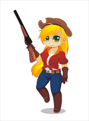 Size: 1532x2067 | Tagged: safe, artist:alpaca-pharaoh, applejack, equestria girls, g4, clothes, female, gun, jeans, looking at you, pants, simple background, solo, weapon, white background