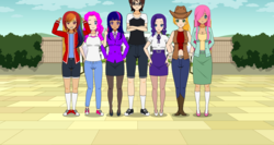 Size: 1600x848 | Tagged: safe, artist:twilightcloversuper8, applejack, fluttershy, pinkie pie, rainbow dash, rarity, twilight sparkle, oc, oc:bryan helzer, human, g4, belt, blue jeans, boots, canon x oc, clothes, female, group photo, hand on hip, high heels, humanized, jeans, kisekae, male, mane six, pants, shoes