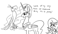 Size: 704x412 | Tagged: safe, artist:jargon scott, fluttershy, philomena, princess celestia, alicorn, pegasus, phoenix, pony, g4, abuse, baton, birb, black and white, blood, celestiabuse, dialogue, female, fluttershy steals animals, grayscale, mare, monochrome, nightstick, simple background, this will end in pain, trio, white background