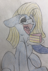 Size: 2316x3408 | Tagged: safe, artist:penandpapernsfw, derpibooru exclusive, oc, oc:cuteamena, oc:electric blue, birthday, cake, couple, eating, electricute, excited, female, food, gift art, happy birthday, high res, mare, tongue out, traditional art