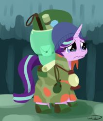 Size: 1918x2258 | Tagged: safe, artist:taurson, starlight glimmer, pony, unicorn, g4, the mean 6, backpack, camping outfit, clothes, crying, female, mare, poncho, solo, stocking cap