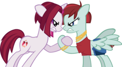 Size: 4519x2471 | Tagged: safe, artist:ironm17, cayenne, valley glamour, pegasus, pony, unicorn, g4, angry, arm wrestling, clothes, female, hoofwrestle, jewelry, looking at each other, mare, necklace, simple background, transparent background, vector