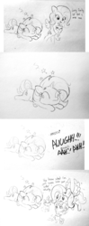 Size: 1920x4865 | Tagged: safe, artist:tjpones, fluttershy, opalescence, rarity, sweetie belle, cat, pegasus, pony, unicorn, g4, abuse, circling stars, comic, derp, female, filly, fluttershy steals animals, flying, grayscale, holding a pony, kidnapped, knocked out, lineart, mare, monochrome, prone, raribuse, scratches, screaming, stars, this ended in pain, traditional art