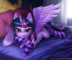 Size: 950x800 | Tagged: safe, artist:racoonsan, part of a set, twilight sparkle, alicorn, pony, g4, adorasexy, bed, bedroom eyes, blushing, clothes, cute, ear fluff, eyeshadow, female, looking at you, makeup, mare, seductive, sexy, smiling, socks, solo, spread wings, stockings, striped socks, sultry pose, thigh highs, twilight sparkle (alicorn), wings