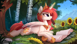 Size: 2310x1315 | Tagged: safe, artist:yakovlev-vad, princess celestia, alicorn, pony, alternate hair color, aside glance, book, bookmark, cheek fluff, chest fluff, clothes, crown, cute, cutelestia, cutie mark, female, flower, fluffy, food, forest, fudgesicle, grass, hoof shoes, ice cream, jewelry, leg fluff, levitation, licking, lidded eyes, magic, mare, mlem, mountain, nature, necklace, outdoors, peytral, pink-mane celestia, prone, regalia, scenery, shoes, shoulder fluff, silly, smiling, solo, spread wings, summer, sunflower, telekinesis, tiara, tongue out, tree, wing fluff, wings