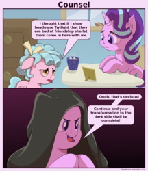 Size: 1330x1540 | Tagged: safe, artist:frenkieart, cozy glow, starlight glimmer, pegasus, pony, unicorn, g4, marks for effort, comic, dialogue, emperor palpatine, female, filly, hilarious in hindsight, mare, scene interpretation, sith, speech bubble, star wars