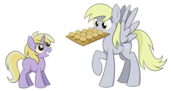 Size: 3582x1926 | Tagged: safe, artist:reconprobe, derpy hooves, dinky hooves, pegasus, pony, unicorn, g4, duo, equestria's best daughter, equestria's best mother, female, filly, food, headcanon, like mother like daughter, like parent like child, mare, mother and daughter, muffin, simple background, transparent background