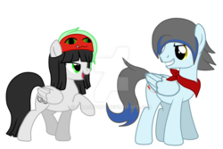 Size: 1024x683 | Tagged: safe, artist:izaackpony, oc, oc only, oc:emi, oc:hinata, pegasus, pony, female, hat, male, mare, simple background, stallion, transparent background, vector, watermark