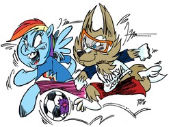 Size: 1280x945 | Tagged: safe, artist:grotezco, rainbow dash, anthro, unguligrade anthro, g4, football, siberian wolf, simple background, sports, white background, world cup 2018, zabivaka