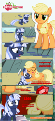 Size: 1919x4225 | Tagged: safe, artist:estories, applejack, oc, oc:silverlay, earth pony, original species, pony, umbra pony, unicorn, comic:a(pple)ffection, g4, comic, female, gem, mare, sweat, sweating profusely