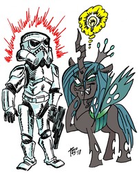 Size: 1033x1280 | Tagged: safe, artist:grotezco, queen chrysalis, g4, crossover, evil smile, grin, idea, lightbulb, pictogram, simple background, smiling, star wars, stormtrooper, white background