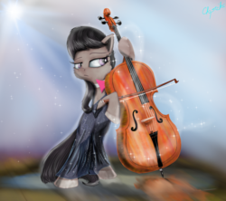 Size: 2000x1774 | Tagged: safe, artist:chopsticks, octavia melody, earth pony, pony, g4, bipedal, bow (instrument), cello, cello bow, clothes, dress, female, musical instrument, reflection, solo, stage