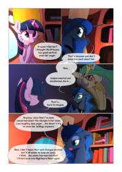 Size: 1024x1448 | Tagged: safe, artist:gashiboka, princess celestia, princess luna, twilight sparkle, alicorn, pony, unicorn, comic:scar of solar, g4, book, bookshelf, comic, dialogue, female, flashback, golden oaks library, mare, sweat